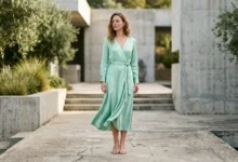 A mint green satin midi dress drapes elegantly in natural outdoor daylight paired with nude heels.