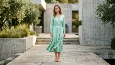 A mint green satin midi dress drapes elegantly in natural outdoor daylight paired with nude heels.