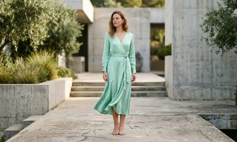A mint green satin midi dress drapes elegantly in natural outdoor daylight paired with nude heels.